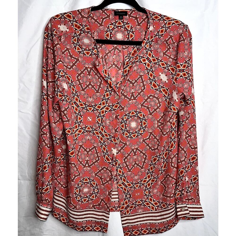 Talbots Womens Size Medium Pink White Geometric Boho Chiffon Long Sleeve Blouse